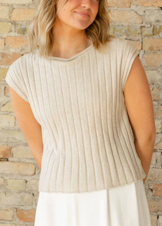 Back Button Cap Sleeve Ribbed Sweater