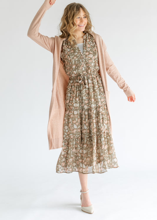 Button Front Floral Tiered Midi Dress