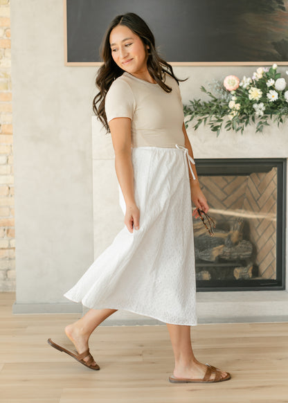 White Eyelet Lace Drawstring Midi Skirt