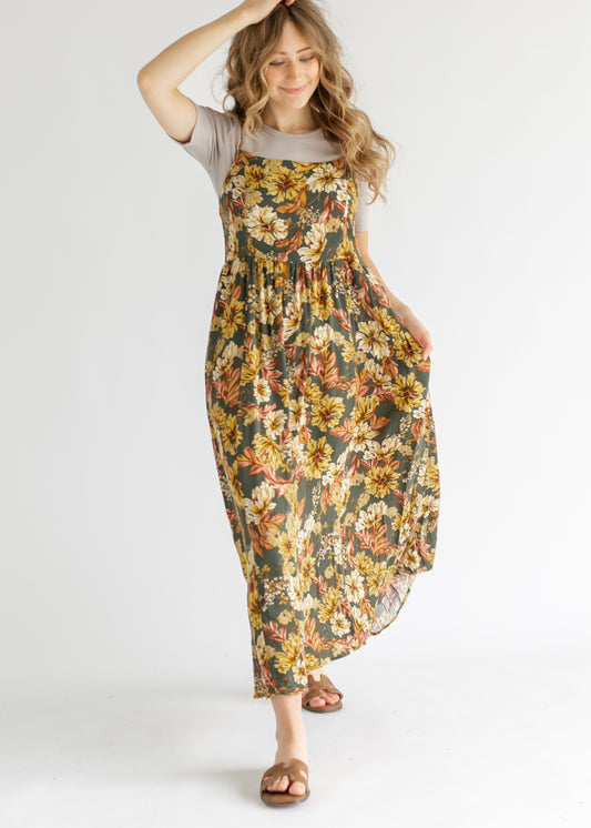 Green Floral Tie Back Maxi Dress