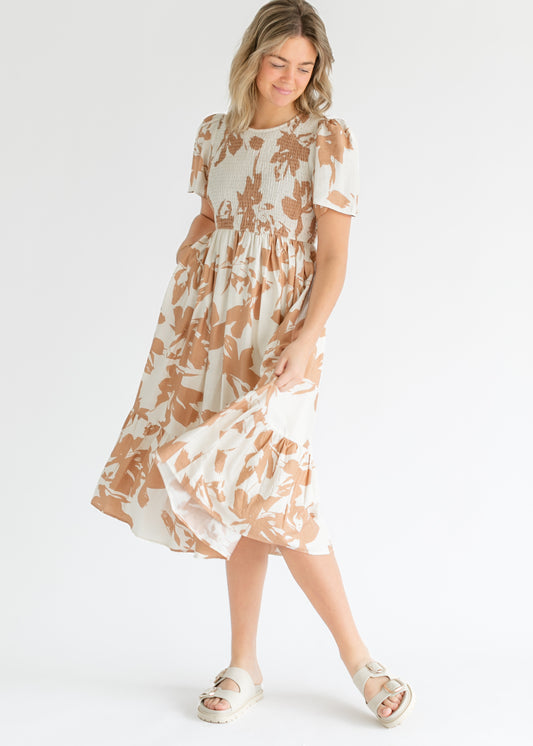 Printed Flutter Sleeve Smocked Top Maxi Dress