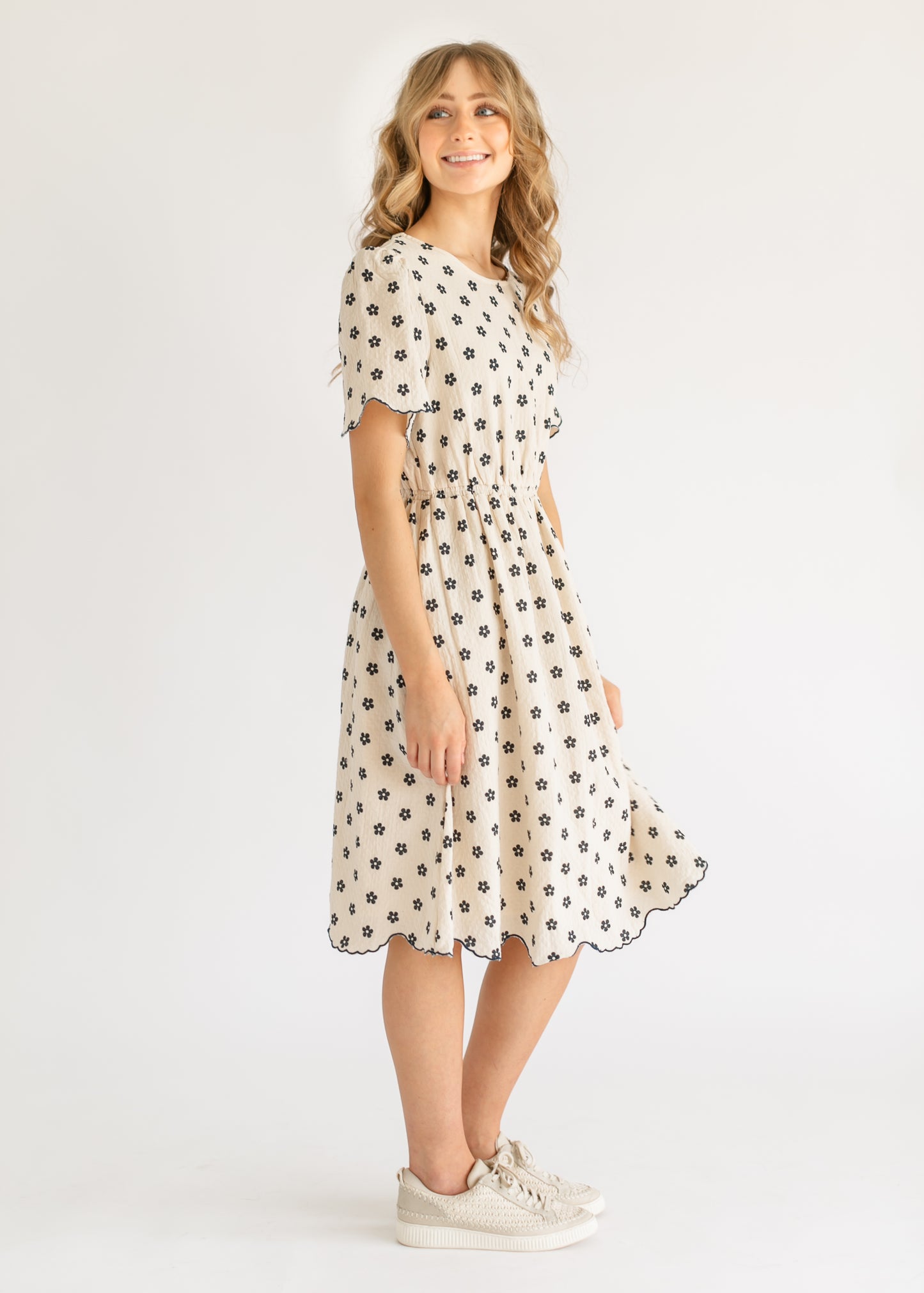 Scallop Edge Navy Floral Midi Dress FF Dresses