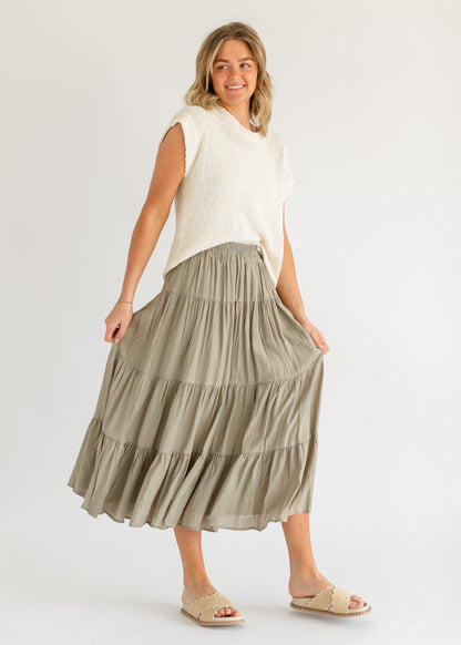 Textured Tiered Elastic Waist Midi Skirt FF Skirts