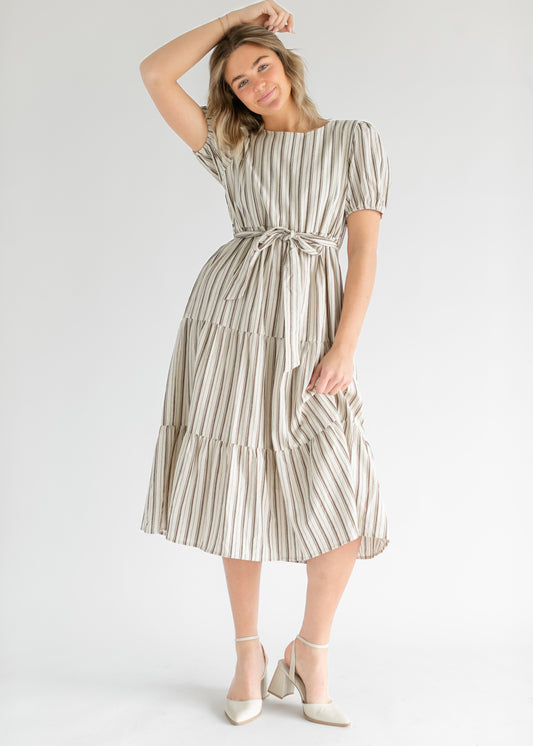 Tie Waist Striped Tiered Maxi Dress