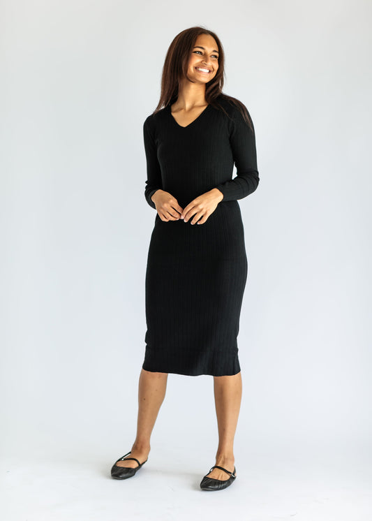 Belted Knit Long Sleeve Midi Dress FF Dresses