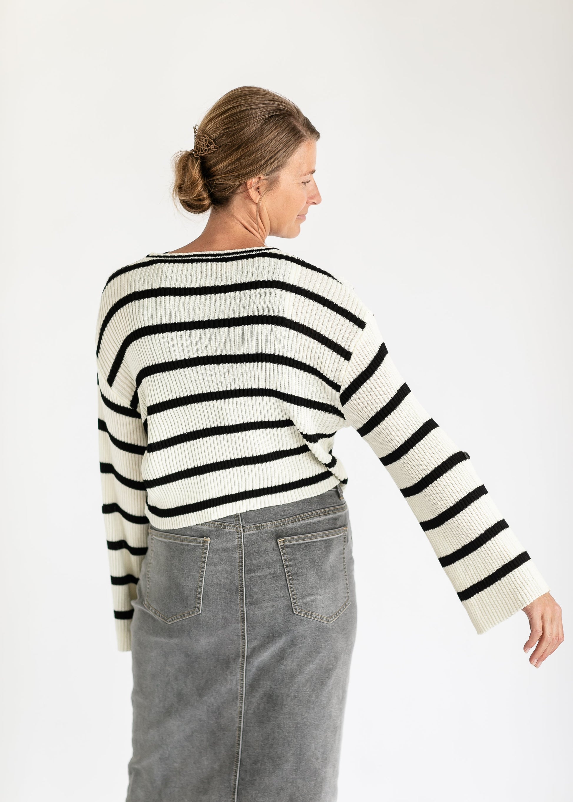 Black Striped Bell Sleeve Knit Top FF Tops