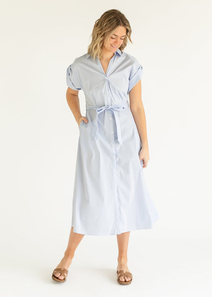 Blue Striped Short Sleeve Shirt Dress FF Dresses