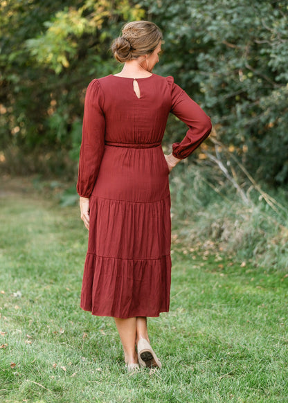 Burgundy Embroidered Long Sleeve Maxi Dress FF Dresses