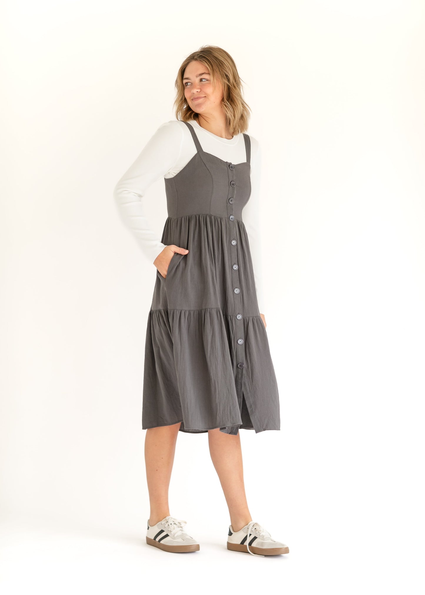 Button Front Charcoal Jumper Dress FF Dresses