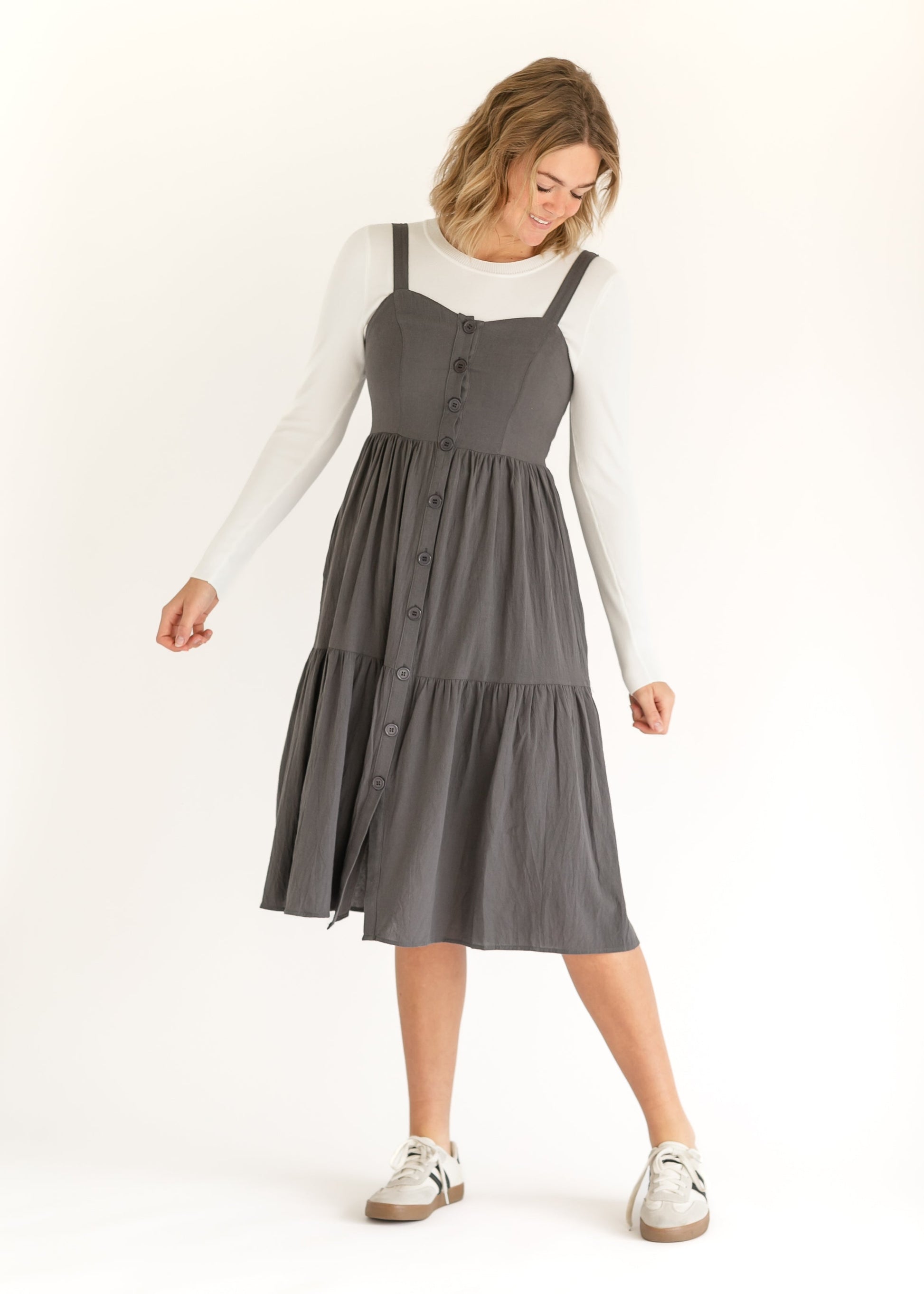 Button Front Charcoal Jumper Dress FF Dresses