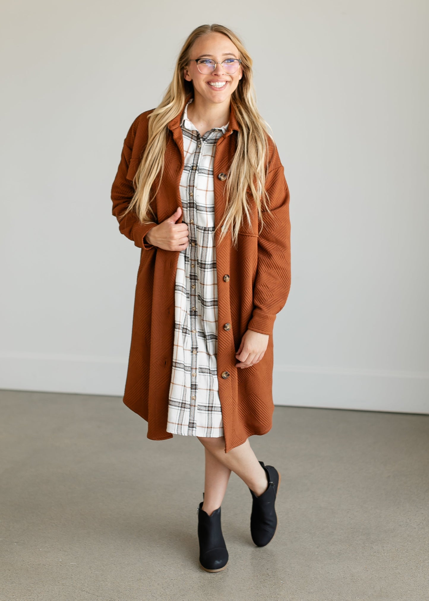 Button Up Plaid Midi Shirtdress FF Dresses