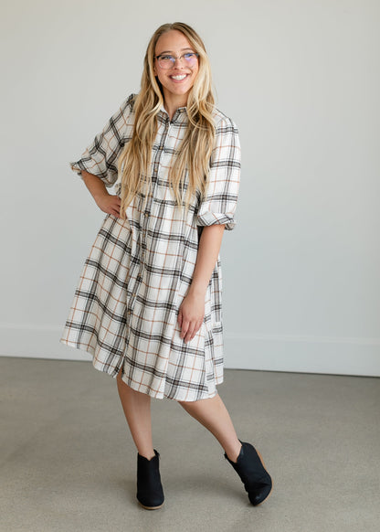 Button Up Plaid Midi Shirtdress FF Dresses