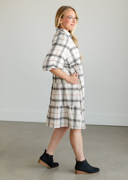 Button Up Plaid Midi Shirtdress FF Dresses