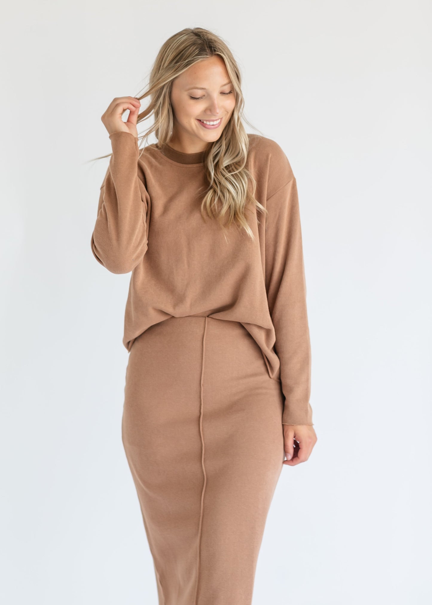 Camel Ribbed Knit Set Midi Skirt FF Skirts