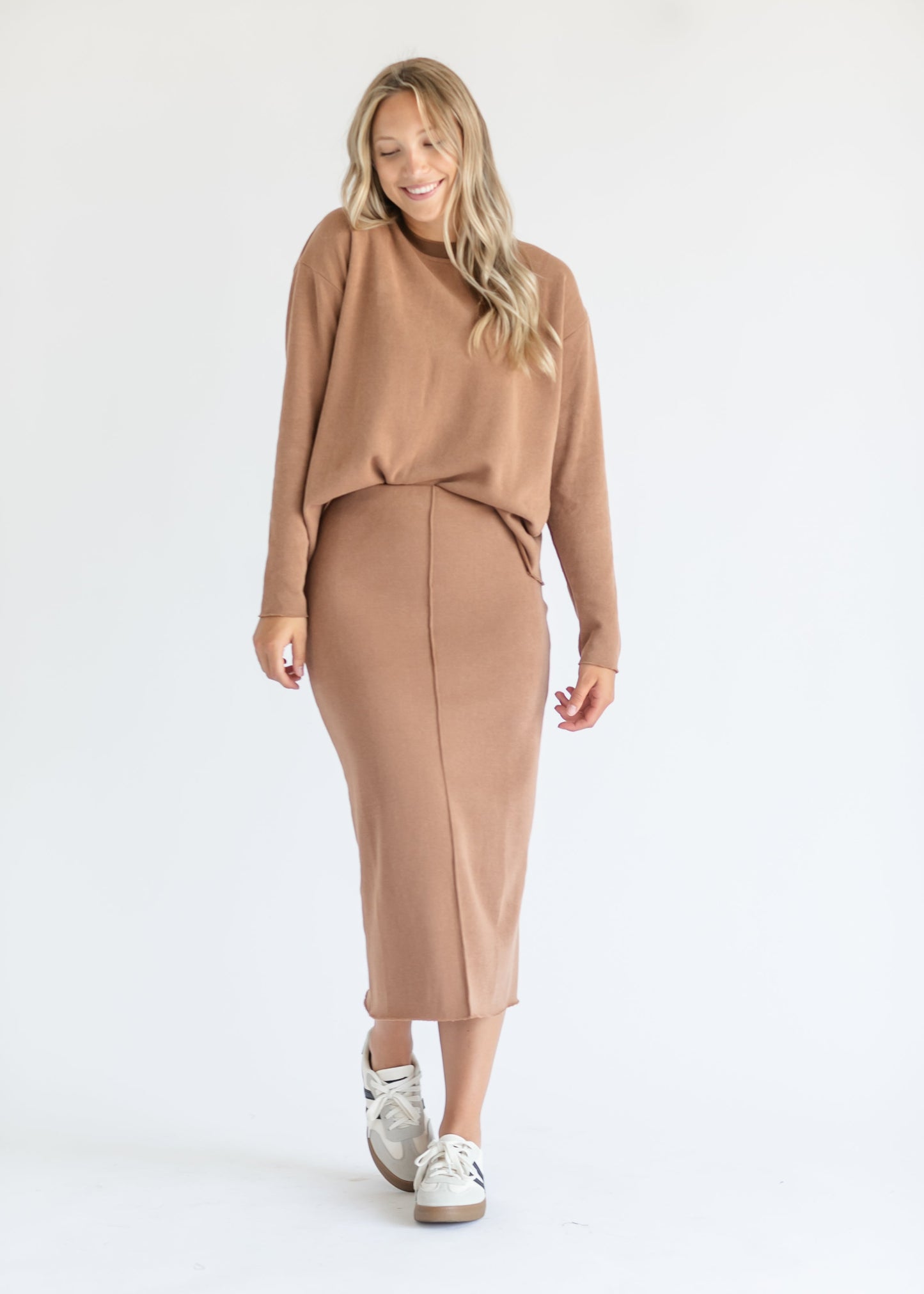 Camel Ribbed Knit Set Midi Skirt FF Skirts