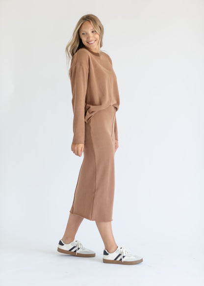 Camel Ribbed Knit Set Midi Skirt FF Skirts