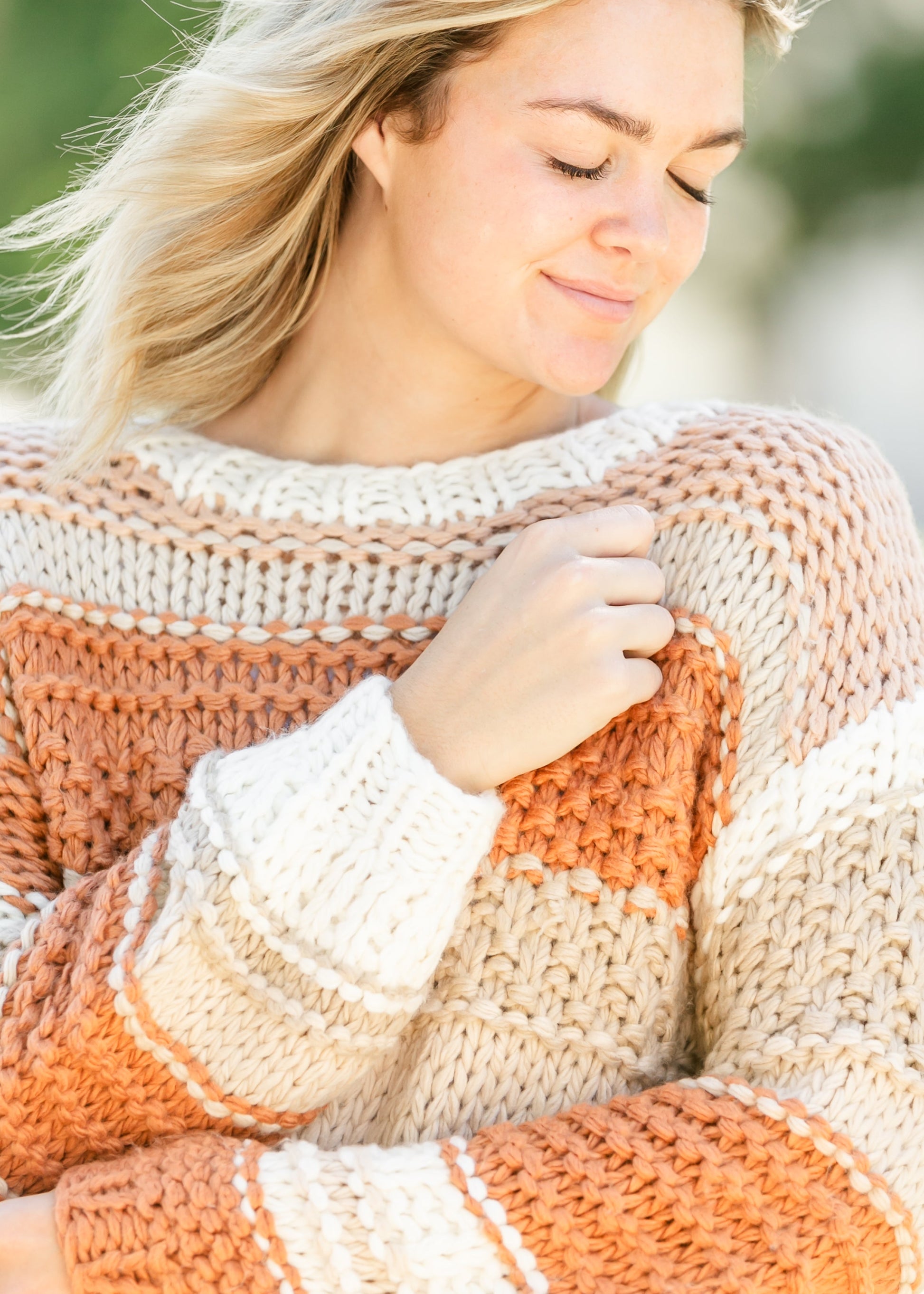 Chunky Knit Striped Crewneck Sweater FF Tops