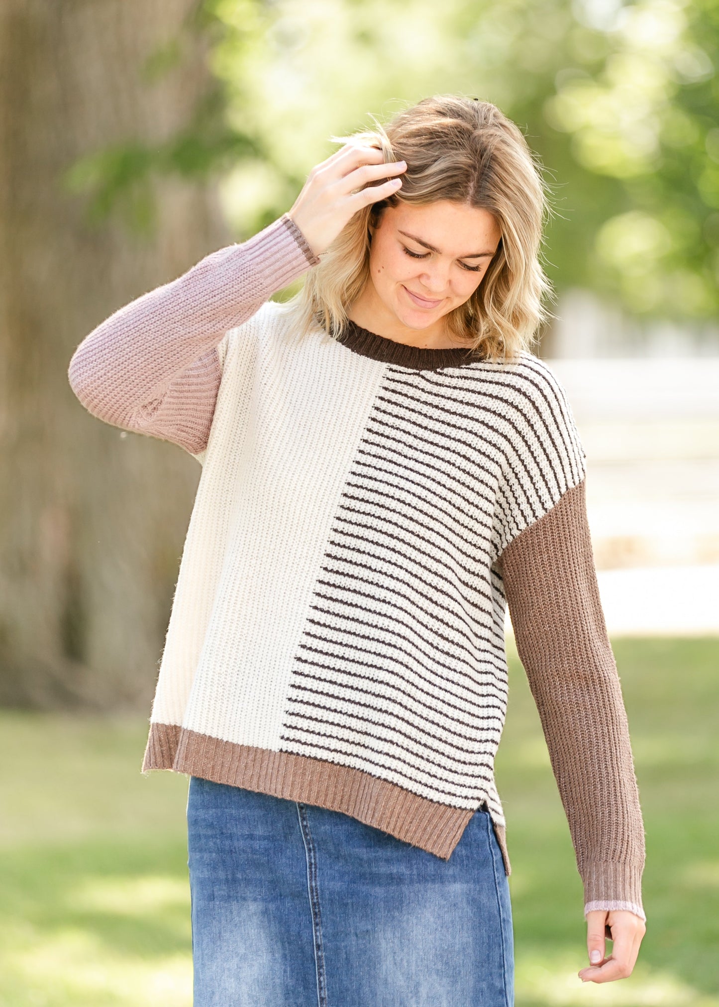 Color Block Striped Crewneck Sweater FF Tops