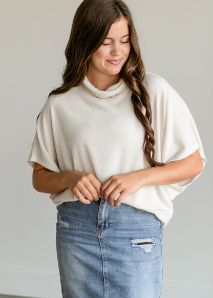 Cowl Neck Batwing Ribbed Sweater FF Tops