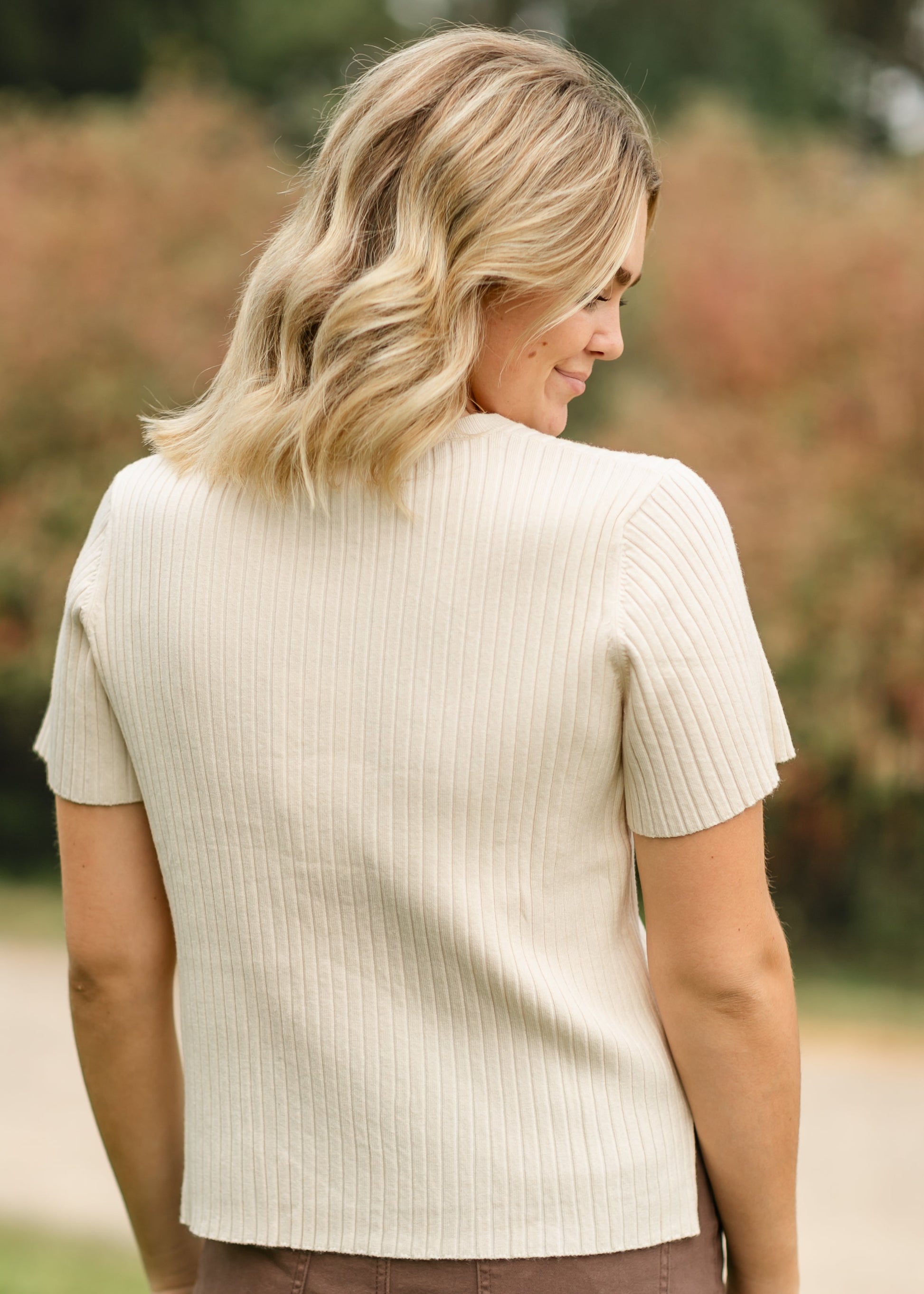 Cream Ribbed Short Sleeve Sweater FF Tops