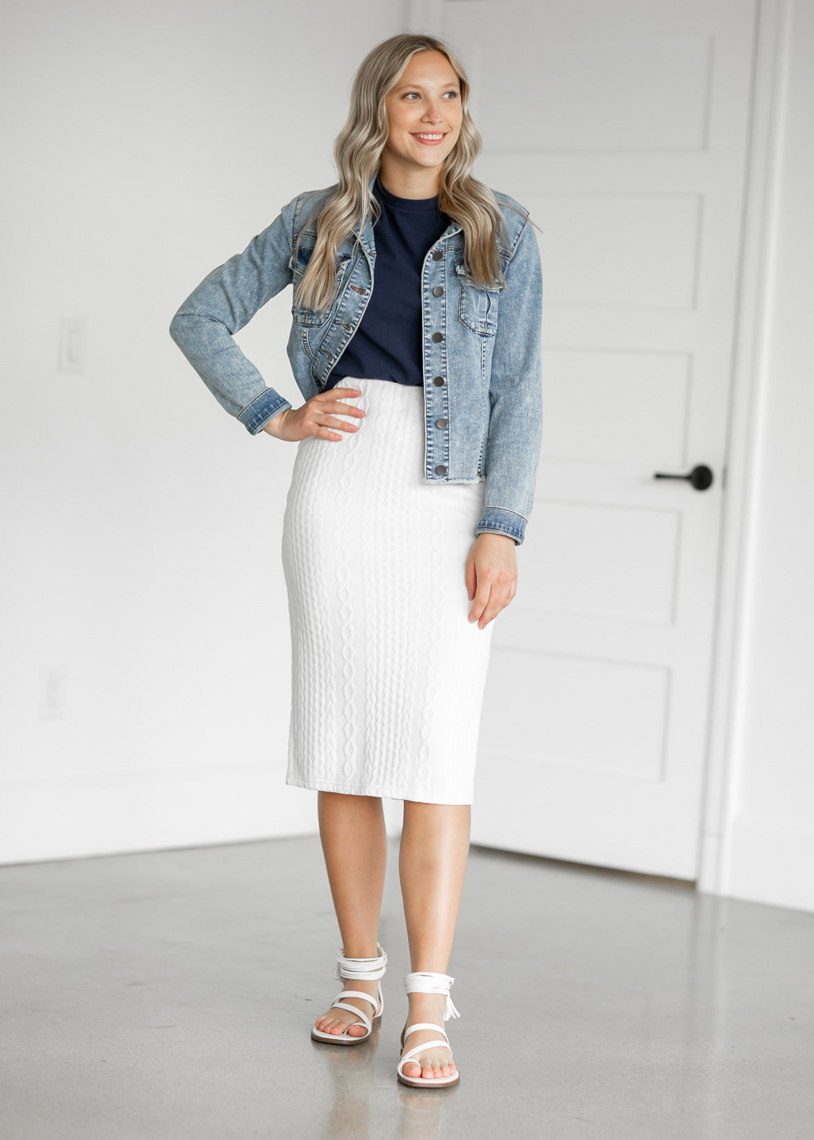 Cream Textured Knit Midi Skirt Skirts