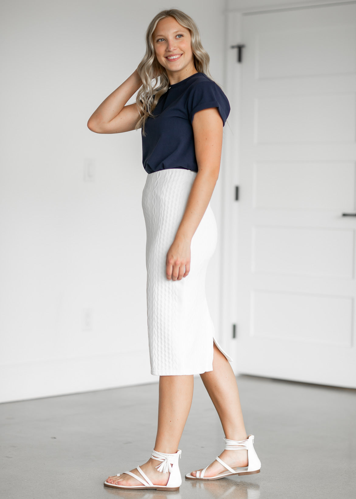 Cream Textured Knit Midi Skirt Skirts