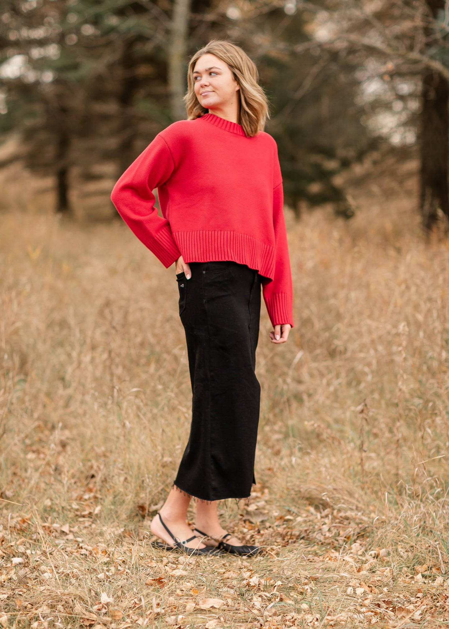 Crewneck Cherry Red Knit Sweater FF Tops