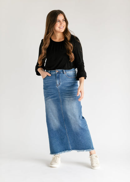 Dakotah Raw Hem Long Denim Skirt IC Skirts