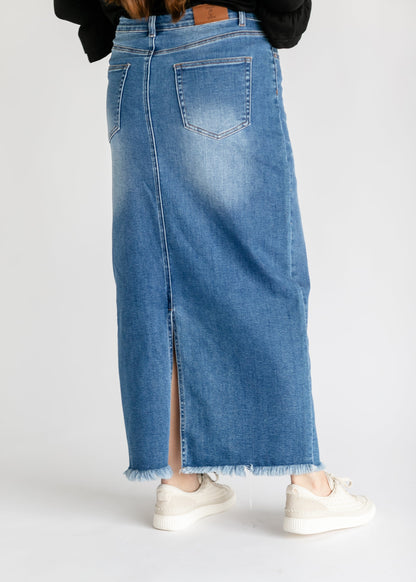 Dakotah Raw Hem Long Denim Skirt IC Skirts