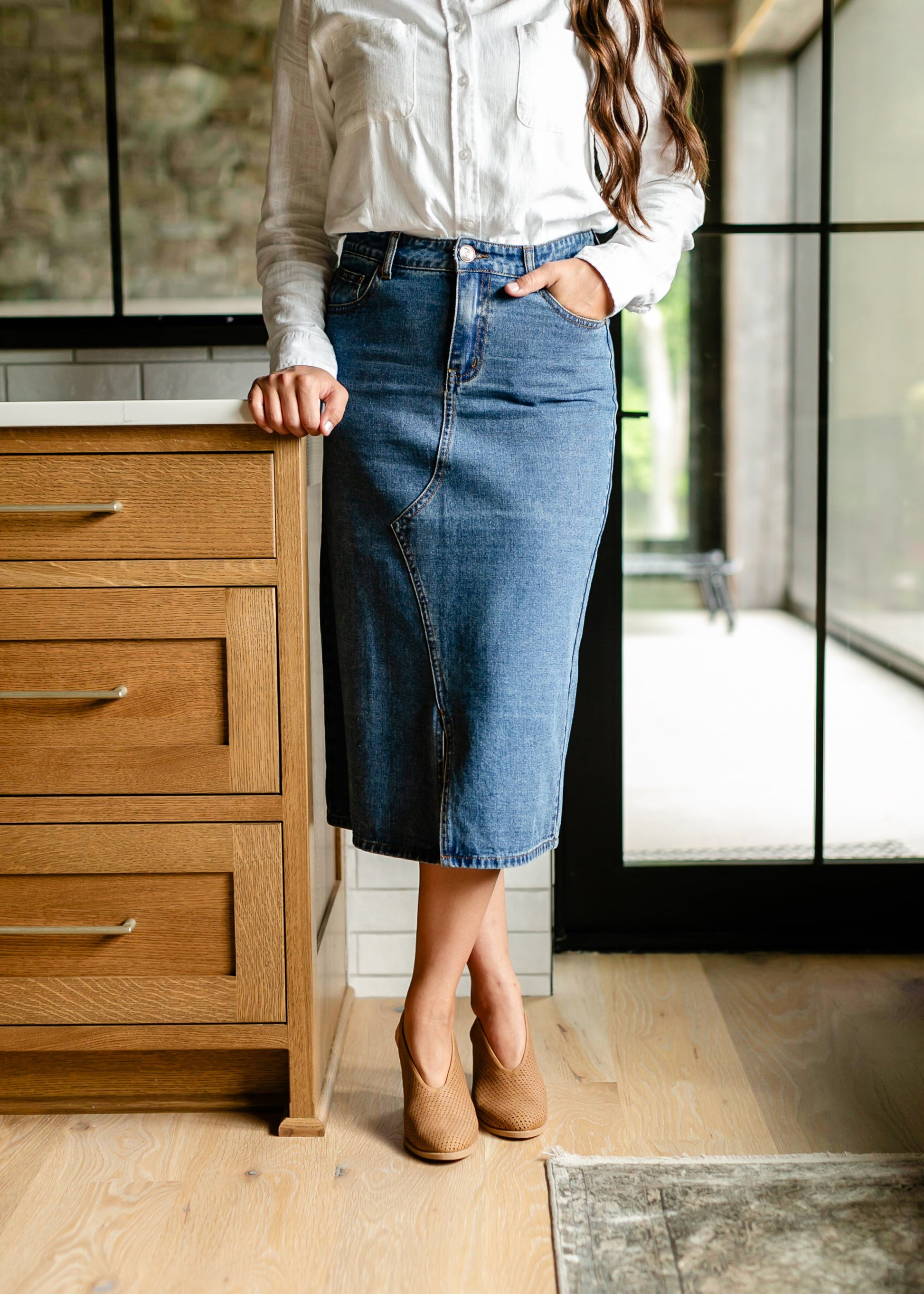 Delaney Medium Wash Denim Midi Skirt IC Skirts