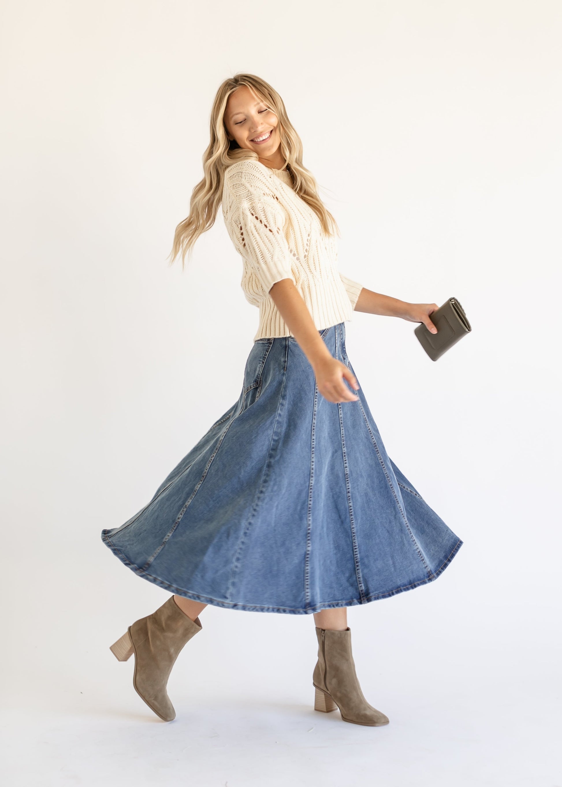 Denim Flared A-line Midi Skirt FF Skirts