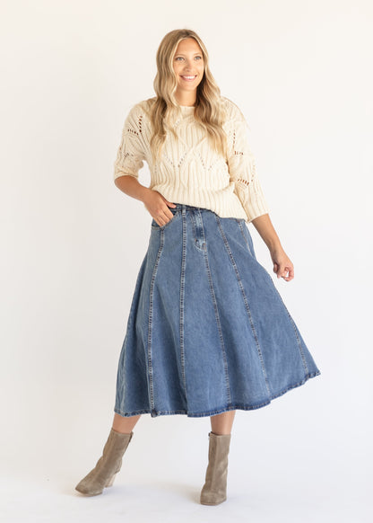 Denim Flared A-line Midi Skirt FF Skirts