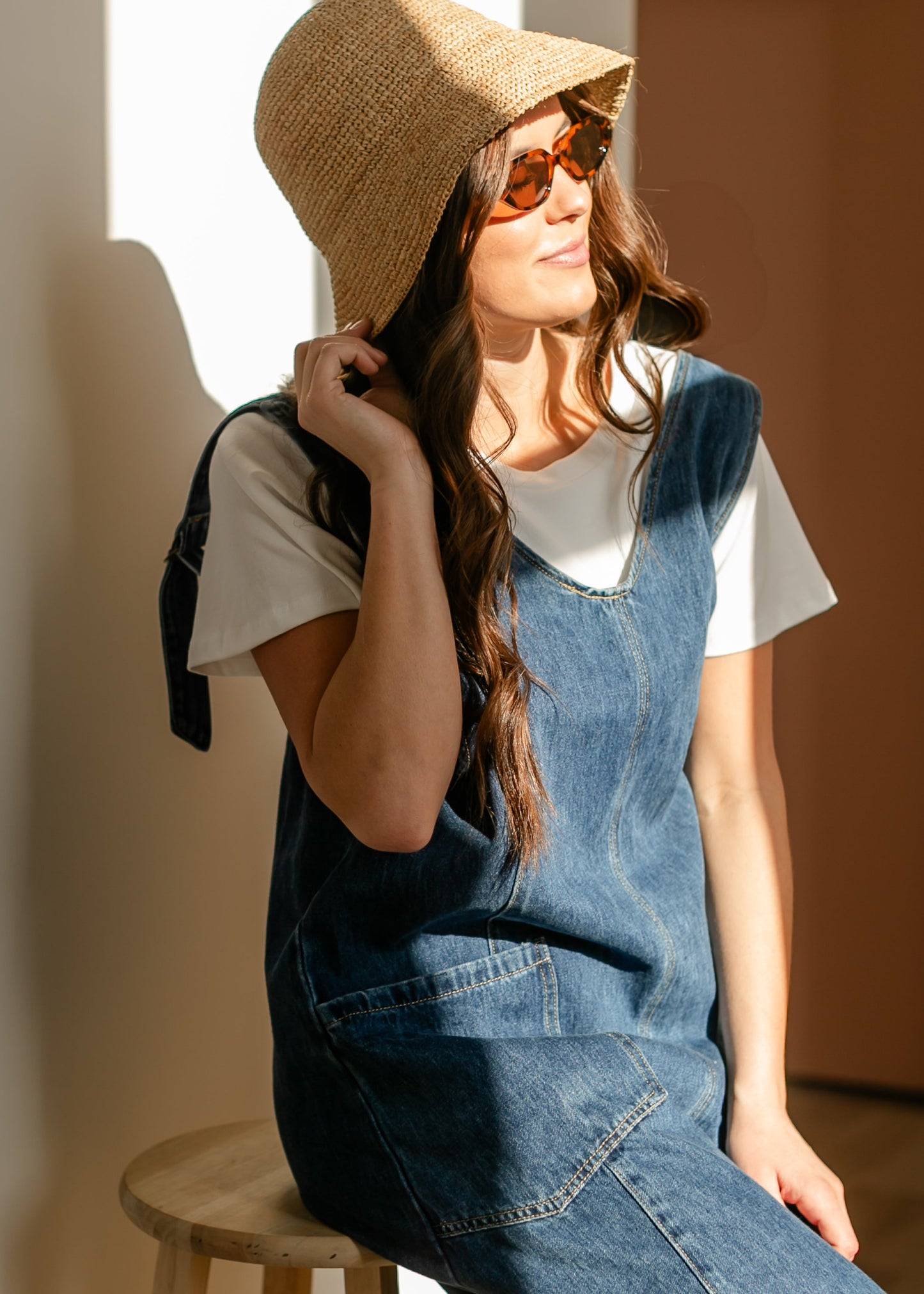 Denim V-neck Overall Midi Dress FF Dresses