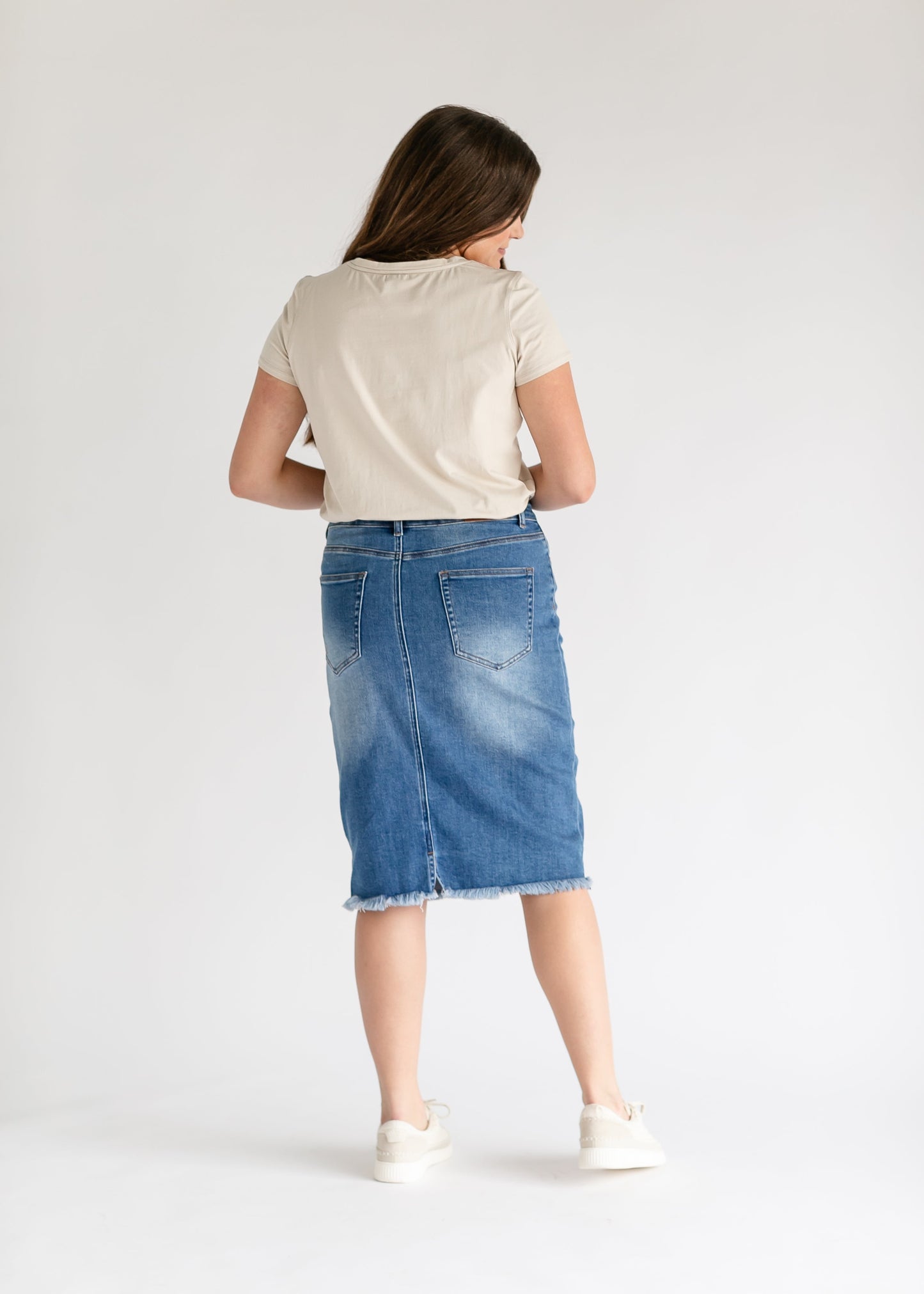 Drew Raw Hem Midi Denim Skirt IC Skirts