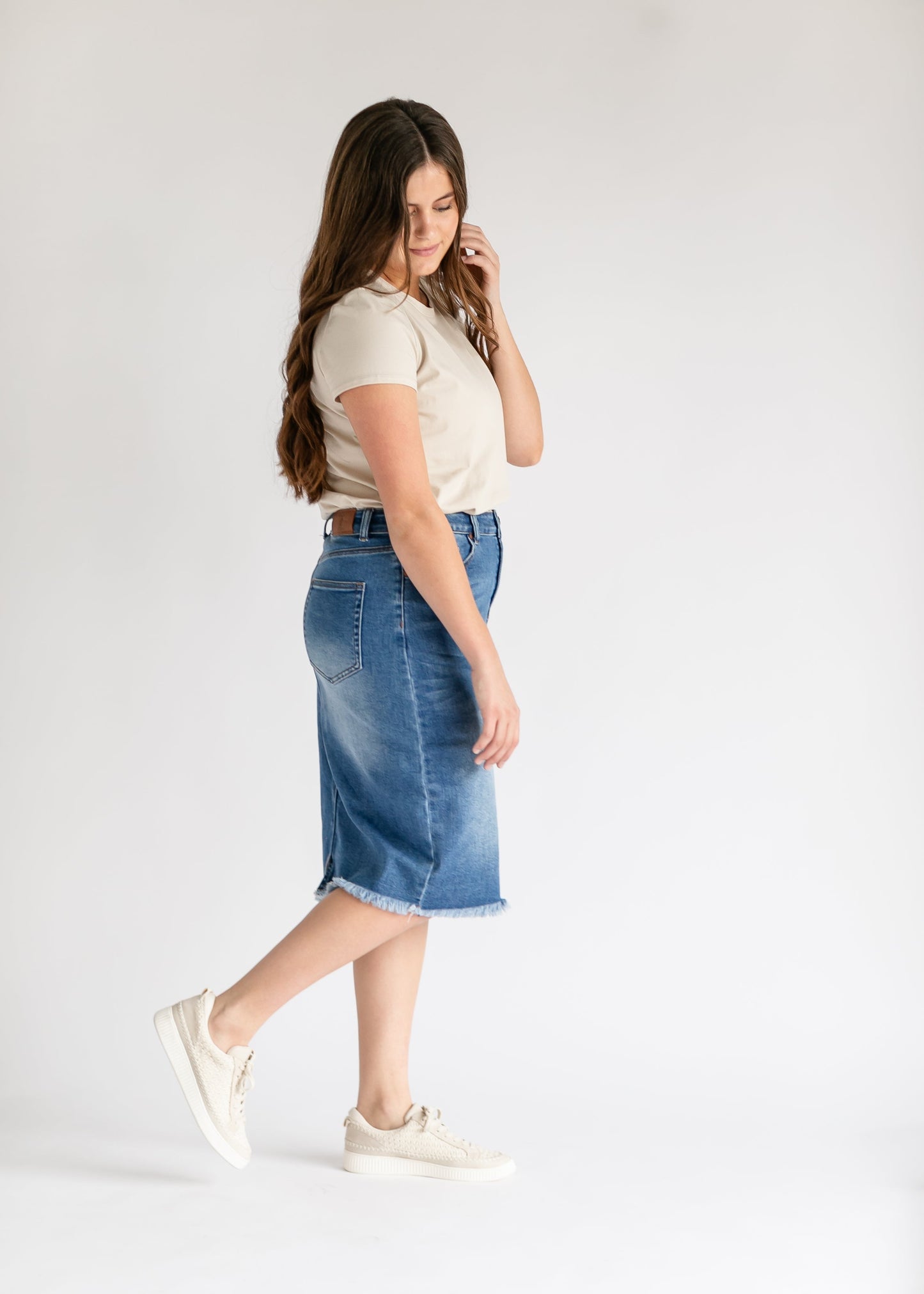 Drew Raw Hem Midi Denim Skirt IC Skirts