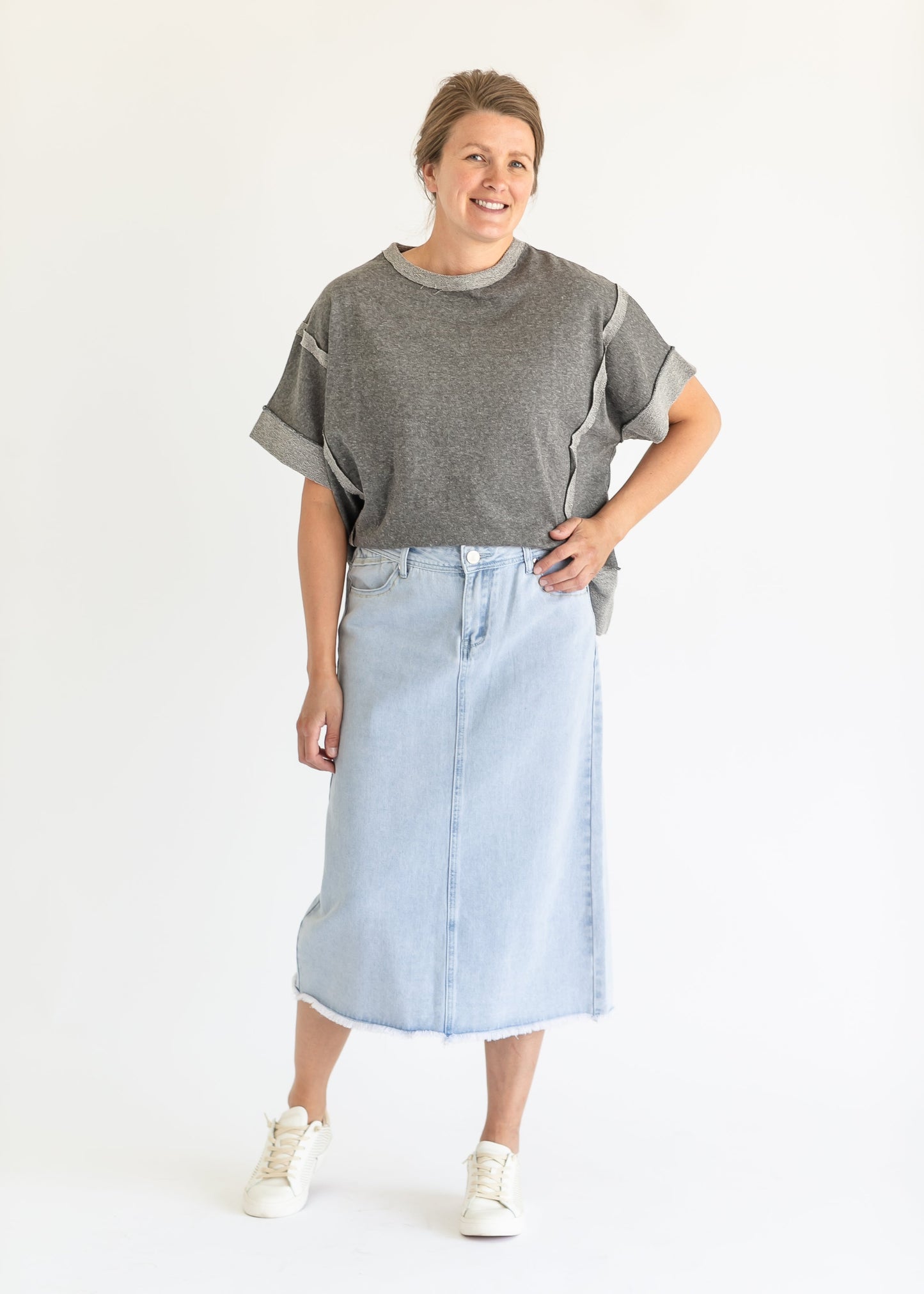 Gray Drop Shoulder Short Sleeve Sunwashed Top 