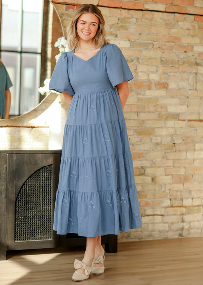 Embroidered Blue Flutter Sleeve Dress FF Dresses