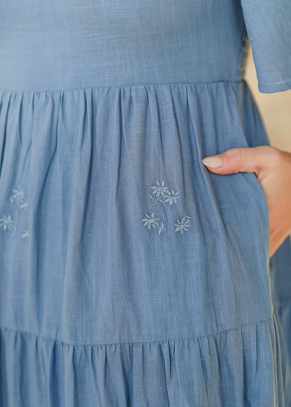 Embroidered Blue Flutter Sleeve Dress FF Dresses