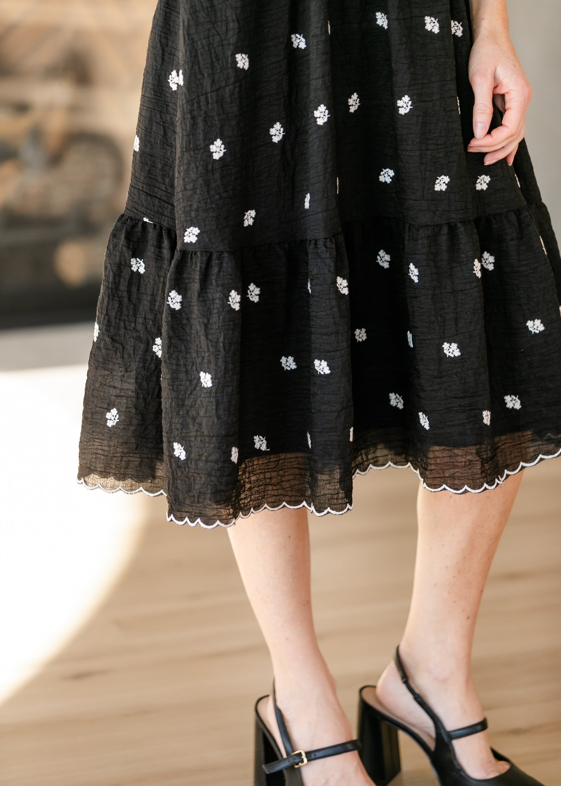 Embroidered Floral Black Midi Dress FF Dresses