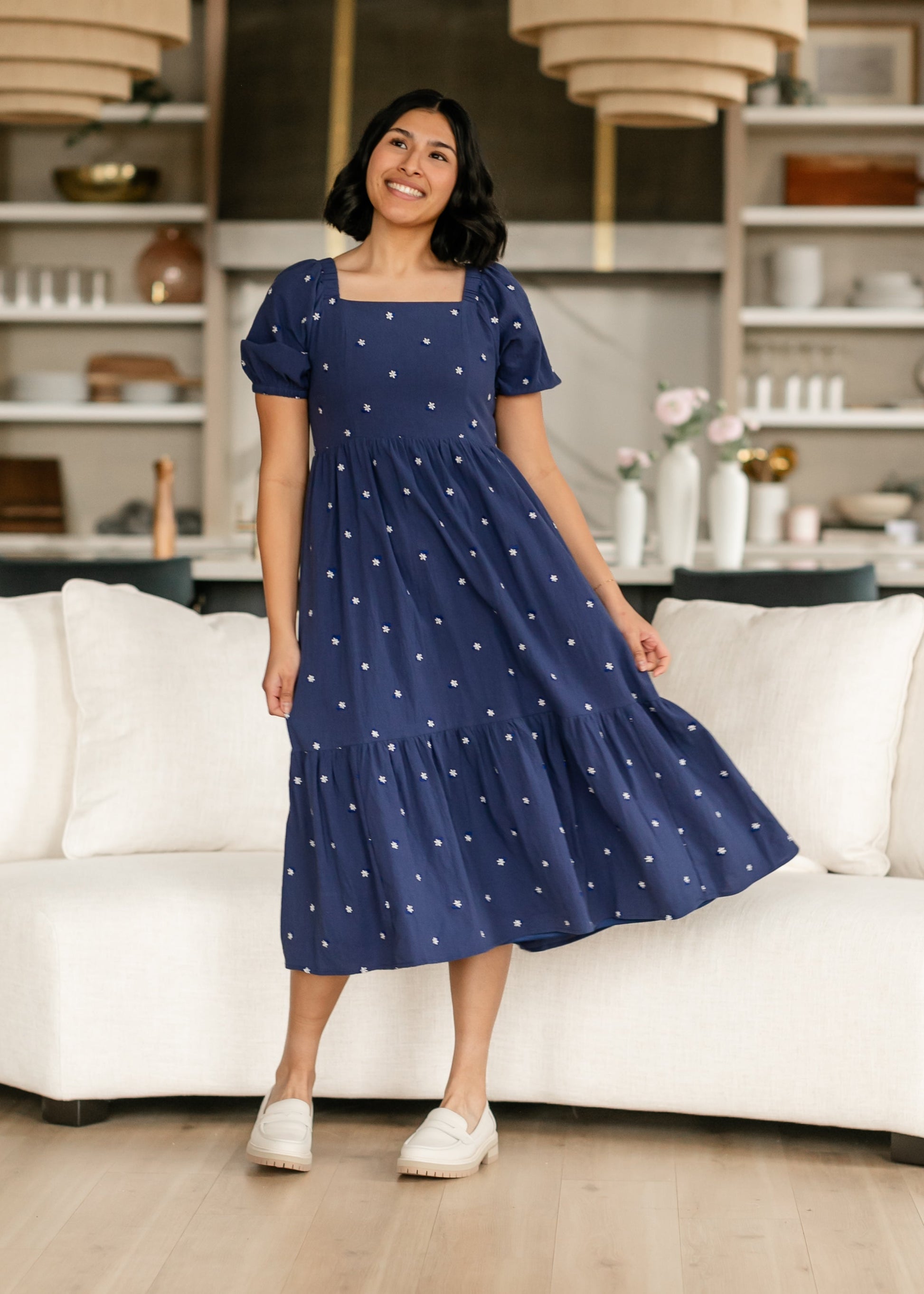 Embroidered Navy Square Neck Dress FF Dresses