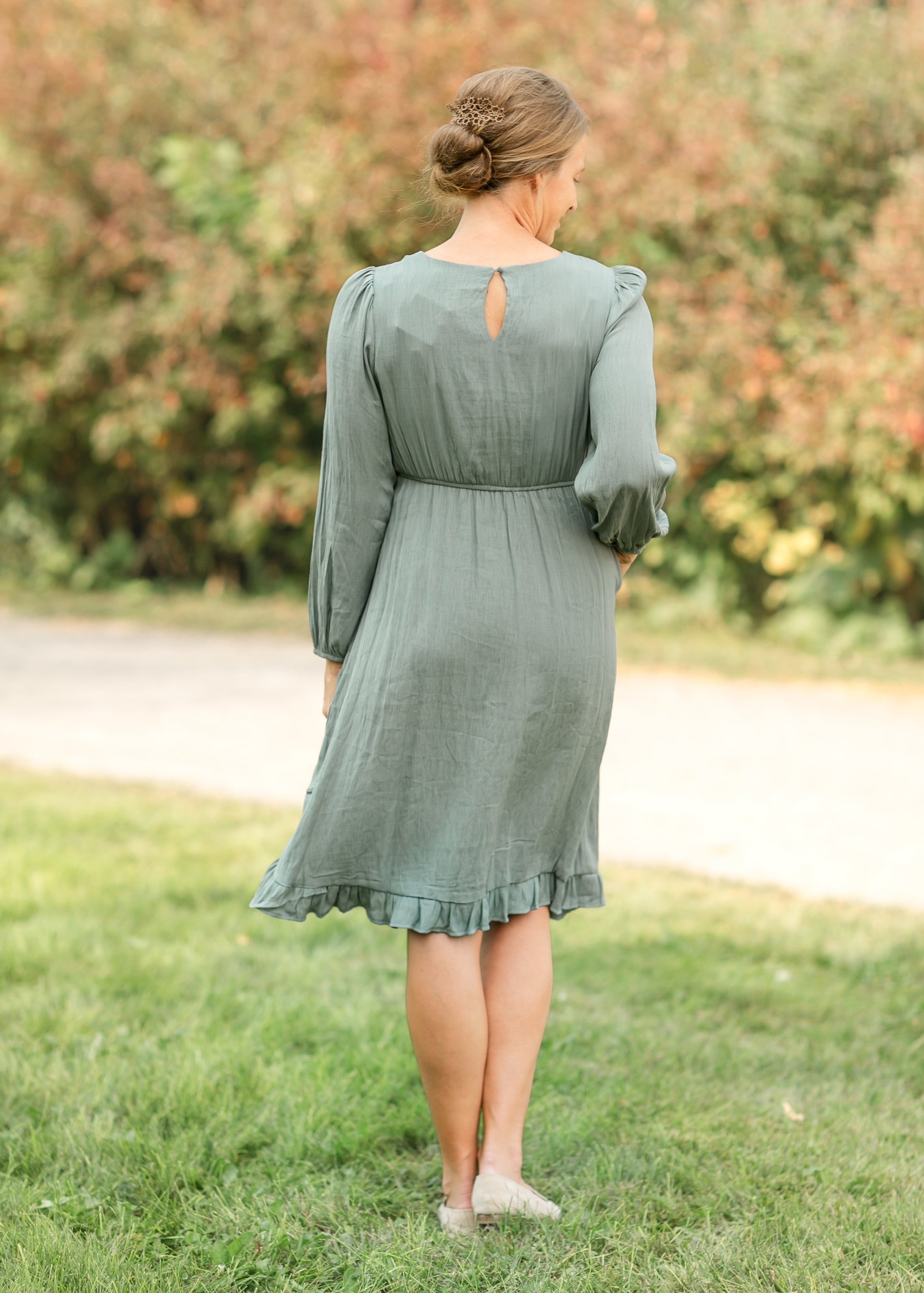 Embroidered Round Neck Long Sleeve Midi Dress FF Dresses