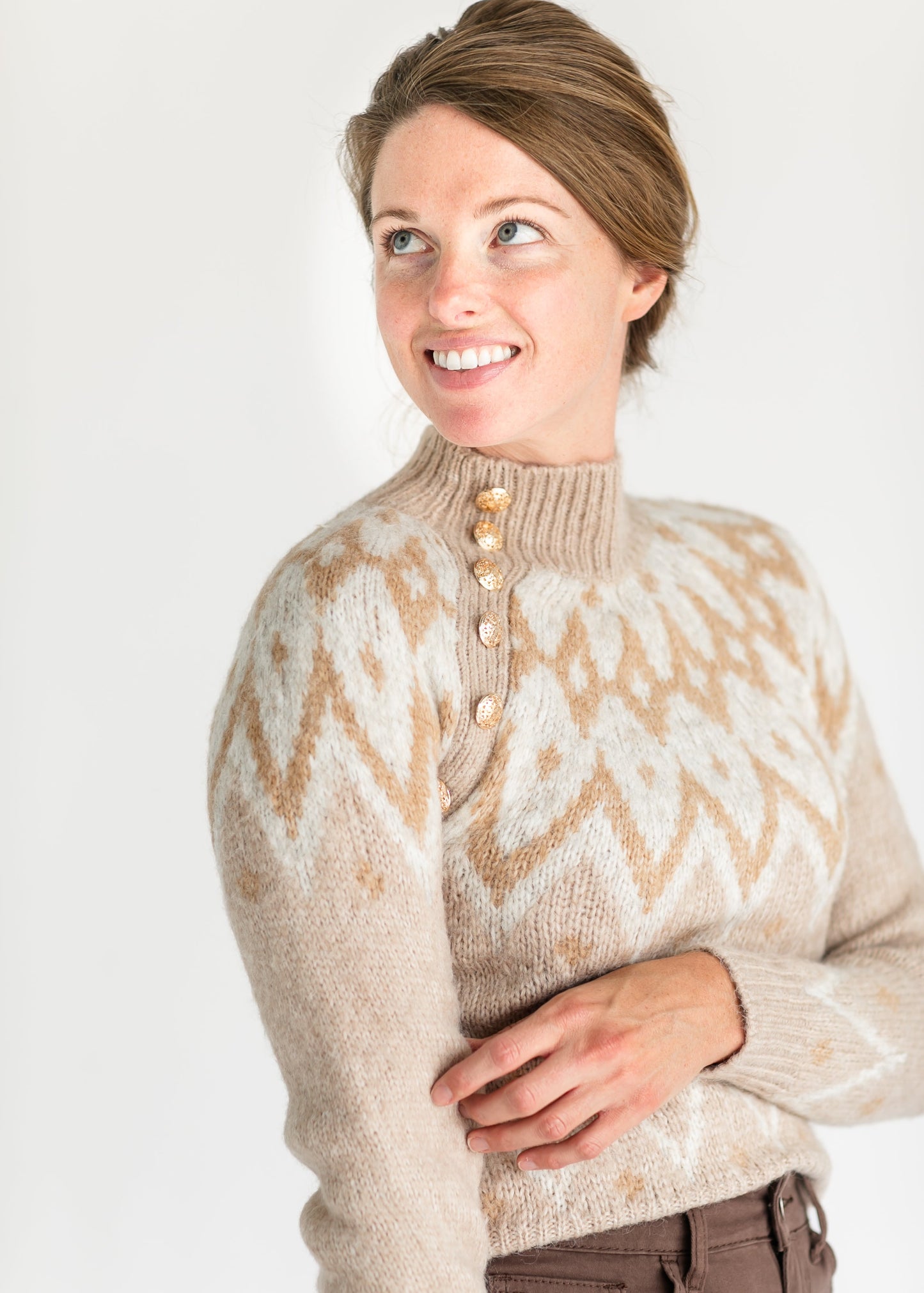 Fair Isle Knit Gold Button Sweater FF Tops