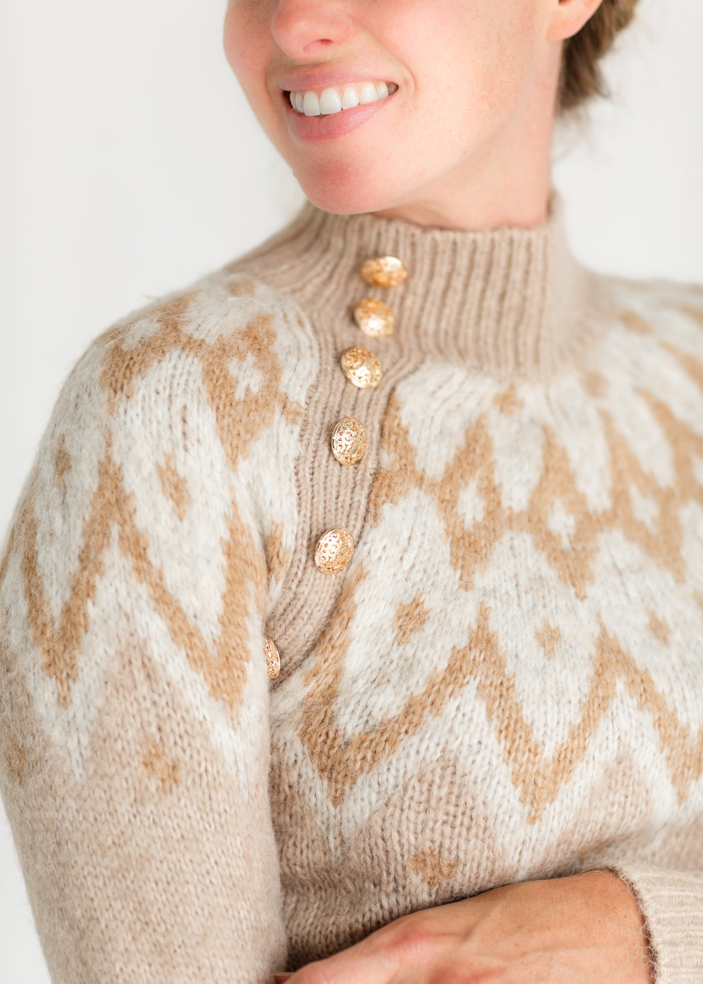 Fair Isle Knit Gold Button Sweater FF Tops