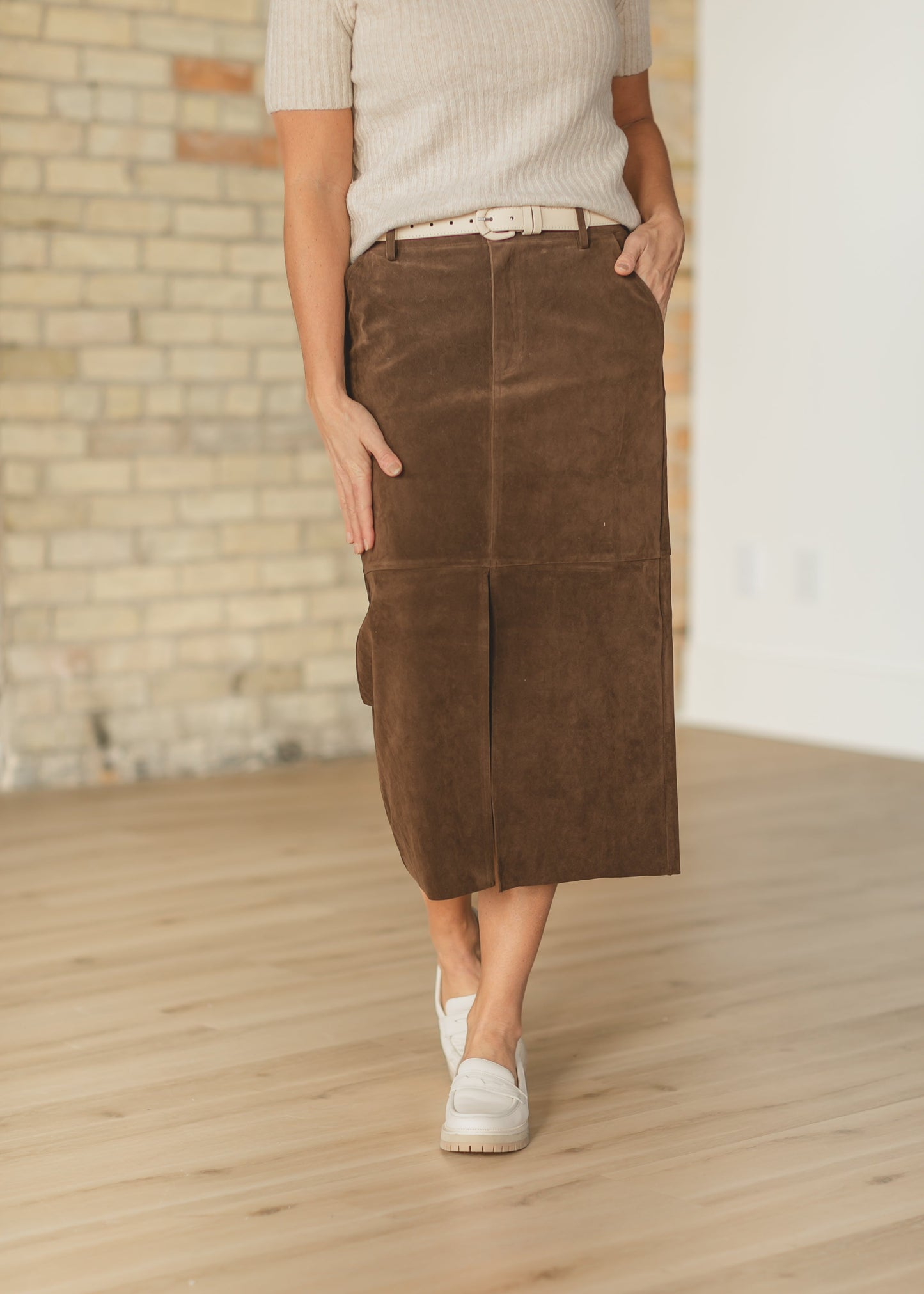 Faux Suede Front Slit Midi Skirt FF Skirts