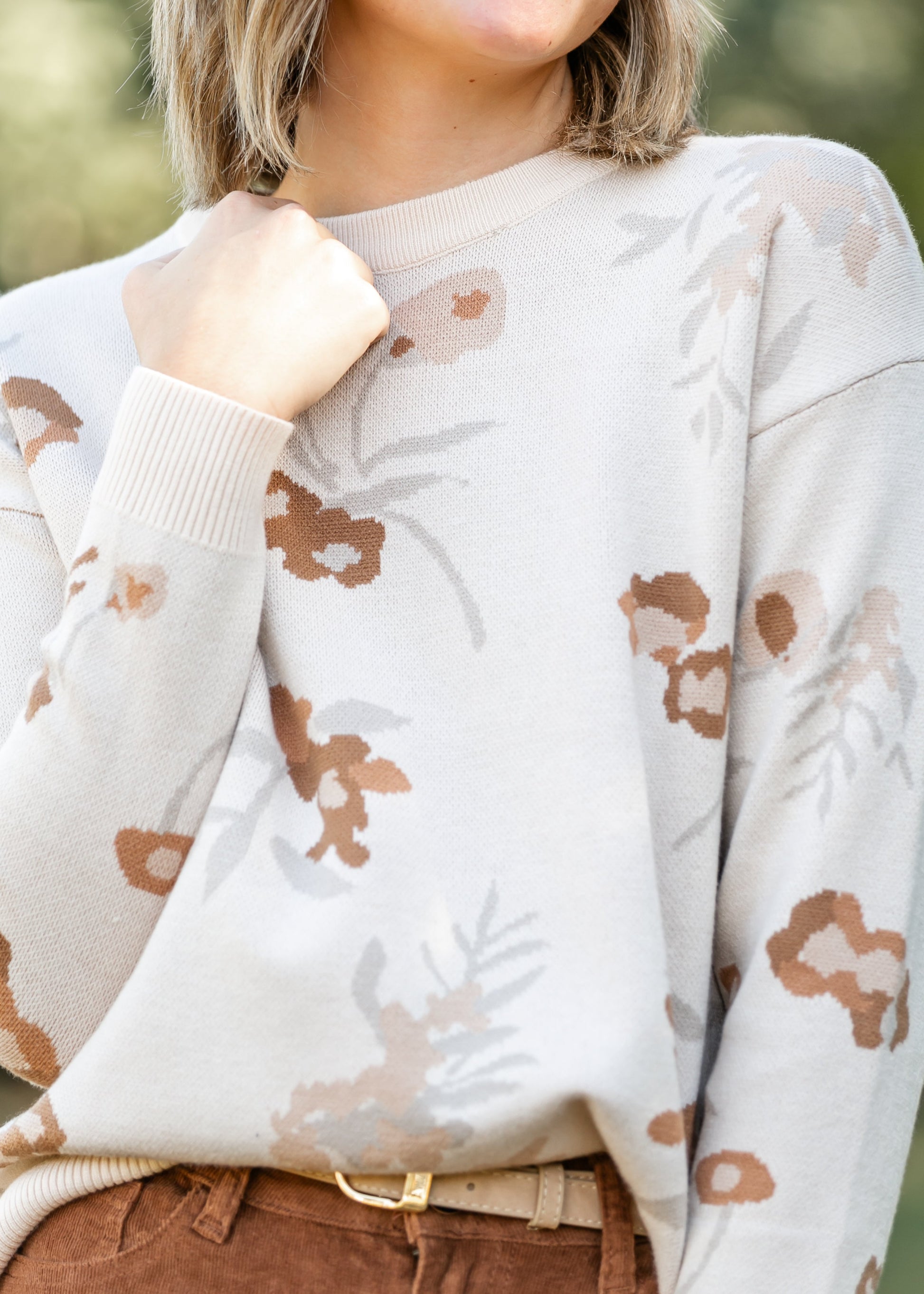 Floral Jacquard Long Sleeve Sweater FF Tops