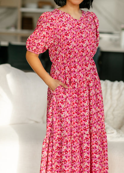 Floral Print Rose Pink Tiered Maxi Dress FF Dresses