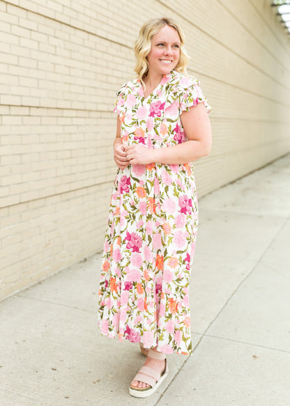 Floral Print White Midi Dress Dresses