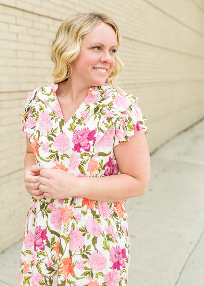 Floral Print White Midi Dress Dresses