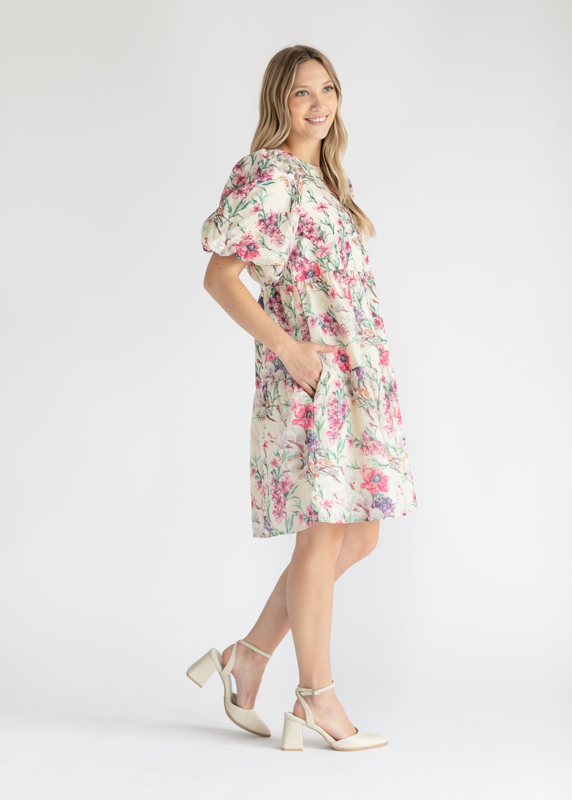 Floral Puff Sleeve Tiered Midi Dress FF Dresses