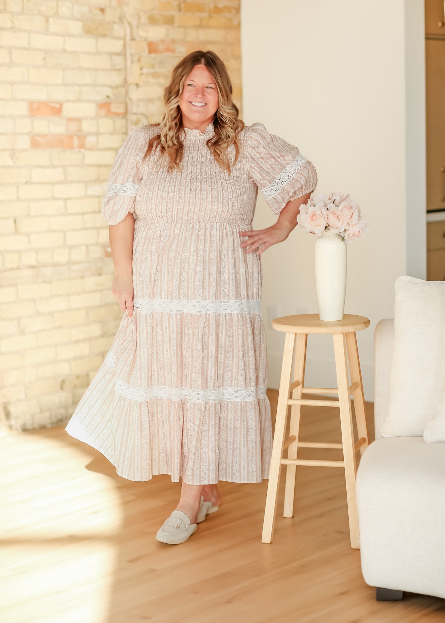 Floral Striped Eyelet Lace Smocked Maxi Dress FF Dresses